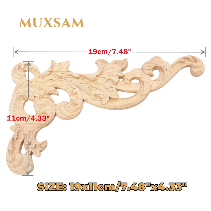 MUXSAM Wood Carved Appliques Onlays, 2-Pair Unpainted Wooden Carvings Decal Corner Decorative Plaques for Wall Cabinet Cupboard Mirrors Fireplace Closet Dresser Doors DIY Project, 19x11cm/7.48"x4.33" - Image 3